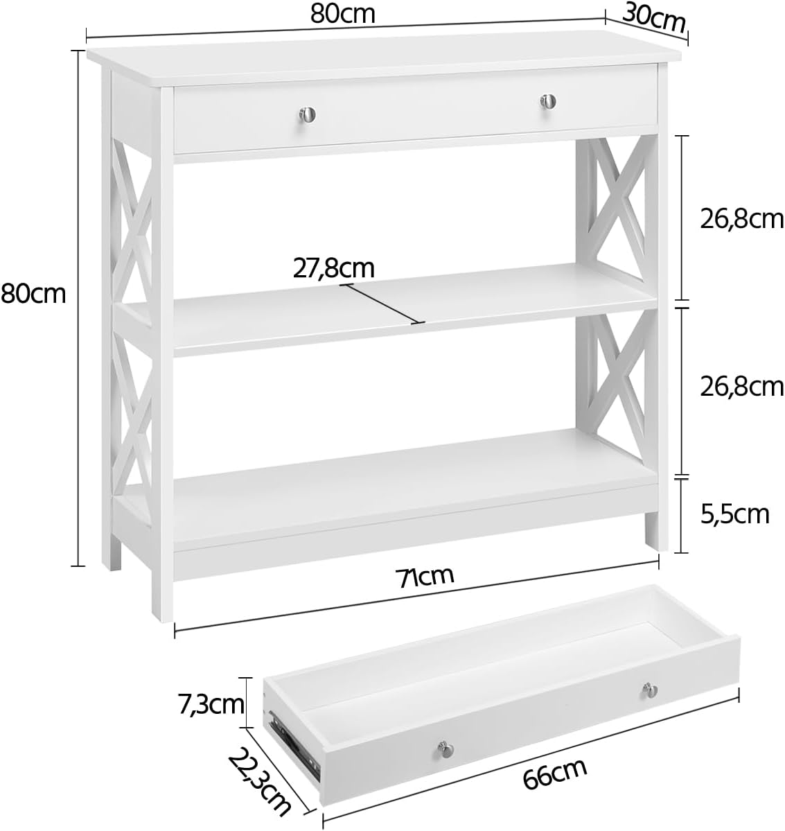 Yaheetech Tavolo da Console con Ripiani e Cassetti, Bianco - immagine 3