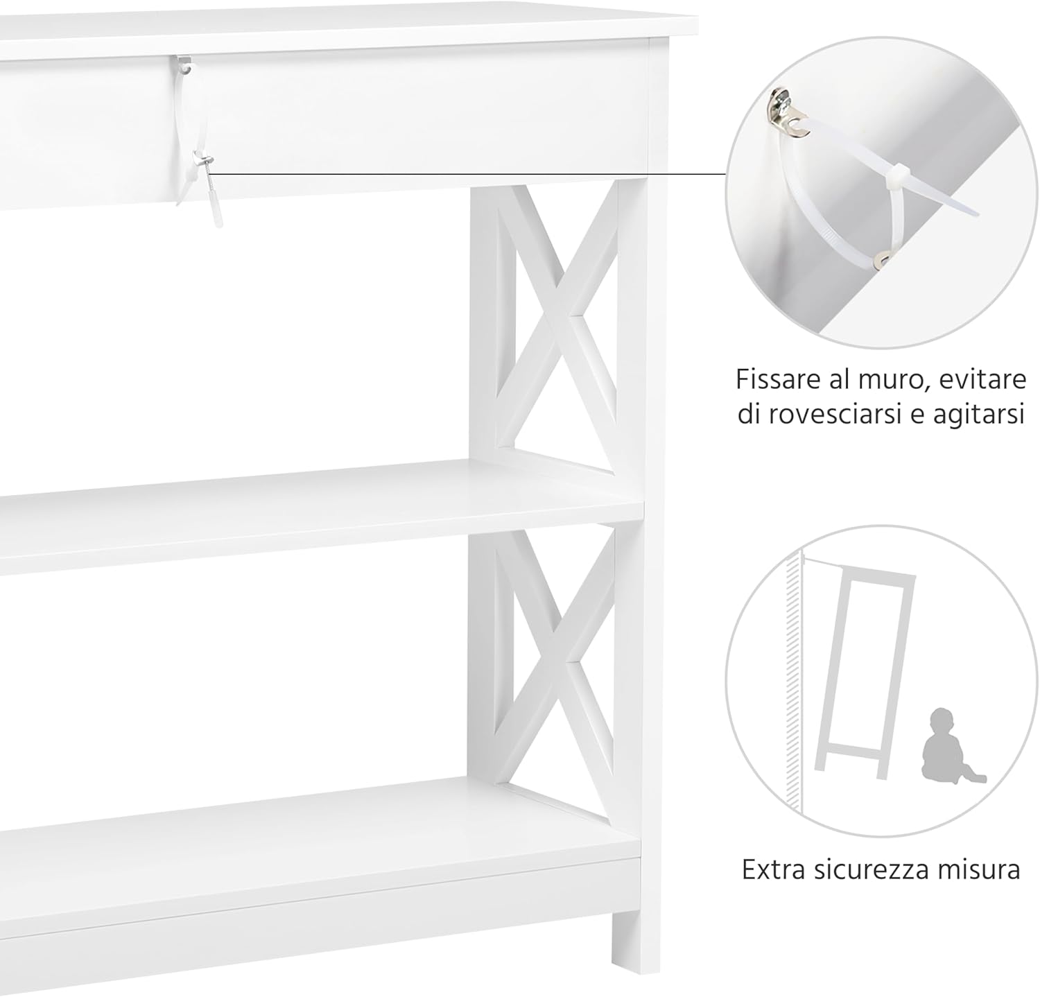 Yaheetech Tavolo da Console con Ripiani e Cassetti, Bianco - immagine 5