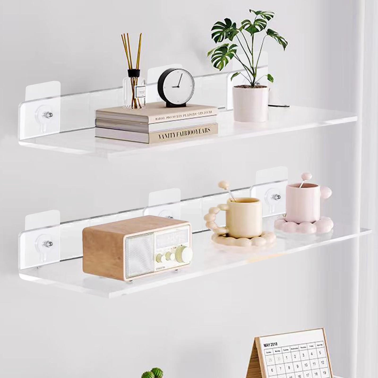 2 Pezzi Mensole Bagno Adesive Trasparenti 30 cm, Bianca