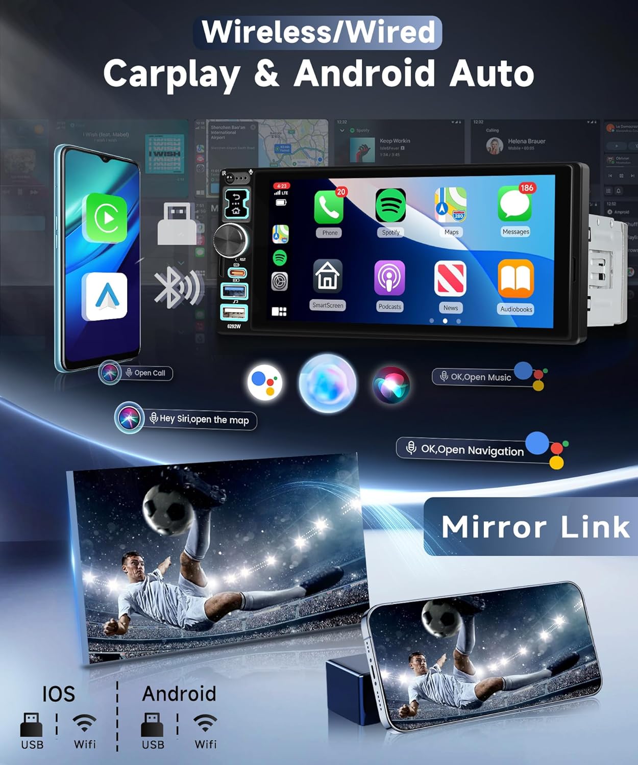 Autoradio 1 Din con Carplay Android Auto Wireless 6,8" - immagine 2