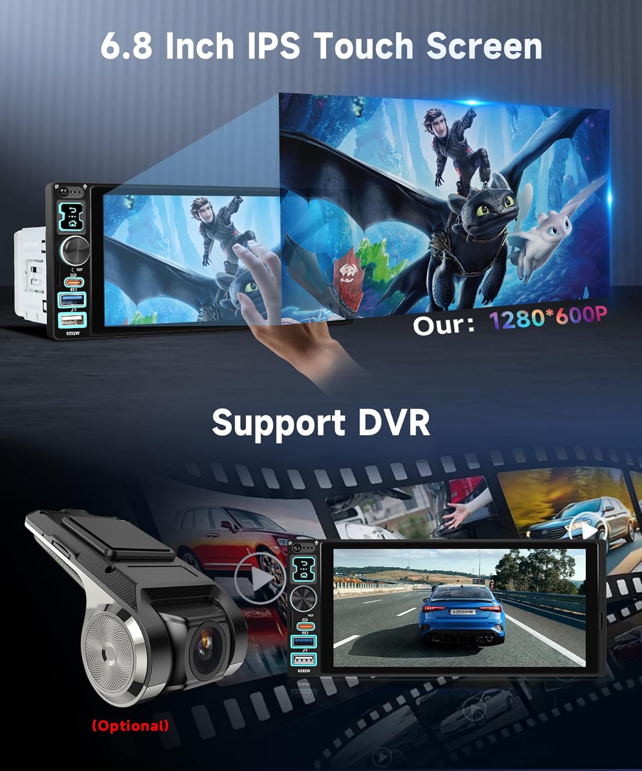 Autoradio 1 Din con Carplay Android Auto Wireless 6,8" - immagine 4