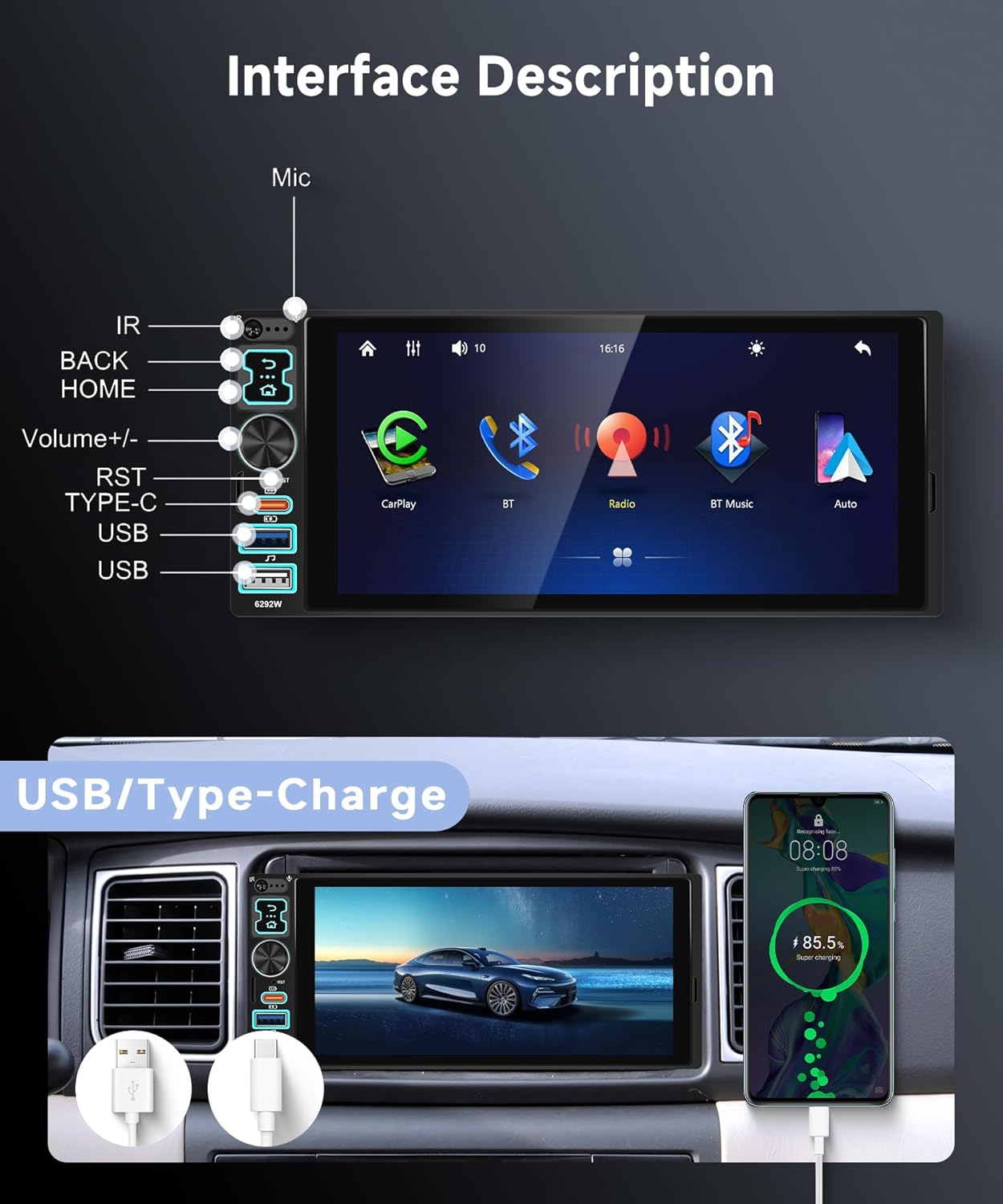 Autoradio 1 Din con Carplay Android Auto Wireless 6,8" - immagine 6