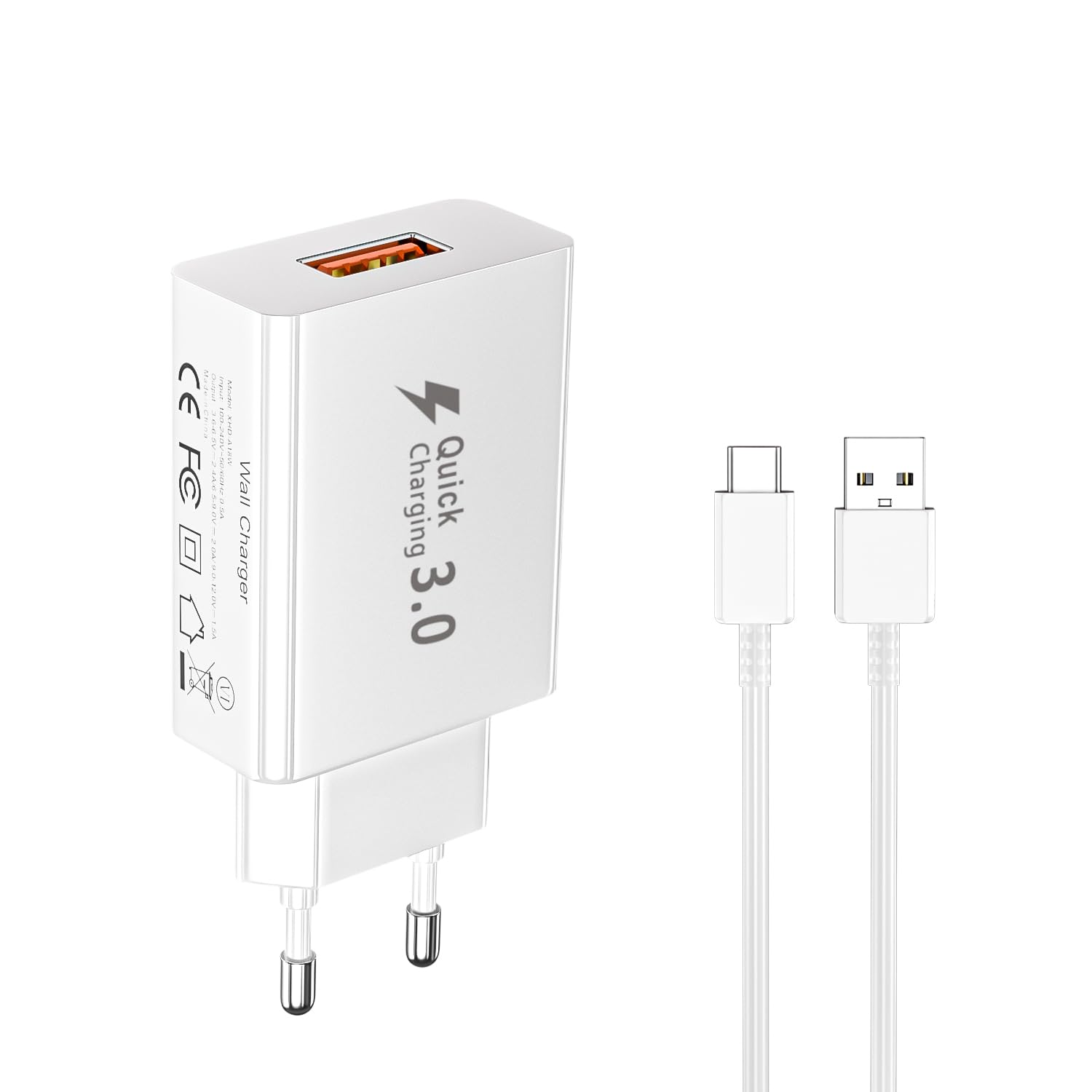 Caricatore Cellulare Rapido 18W USB Tipo C con Cavo 2m