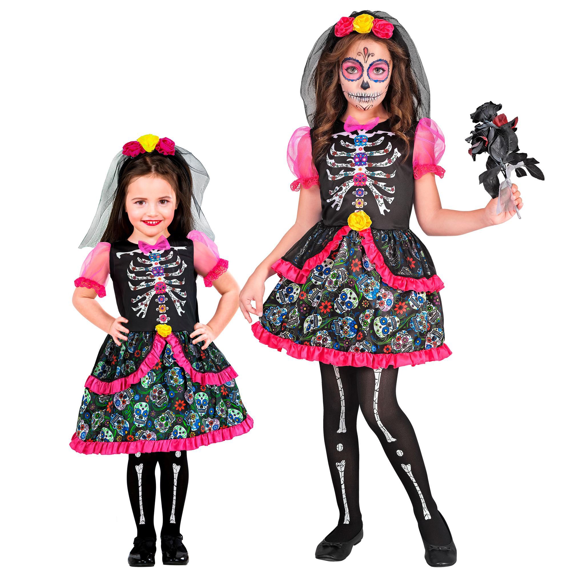W WIDMANN MILANO Party Fashion - Costume per bambini Dia de los Muertos per bambine, abito da scheletro con velo per Halloween