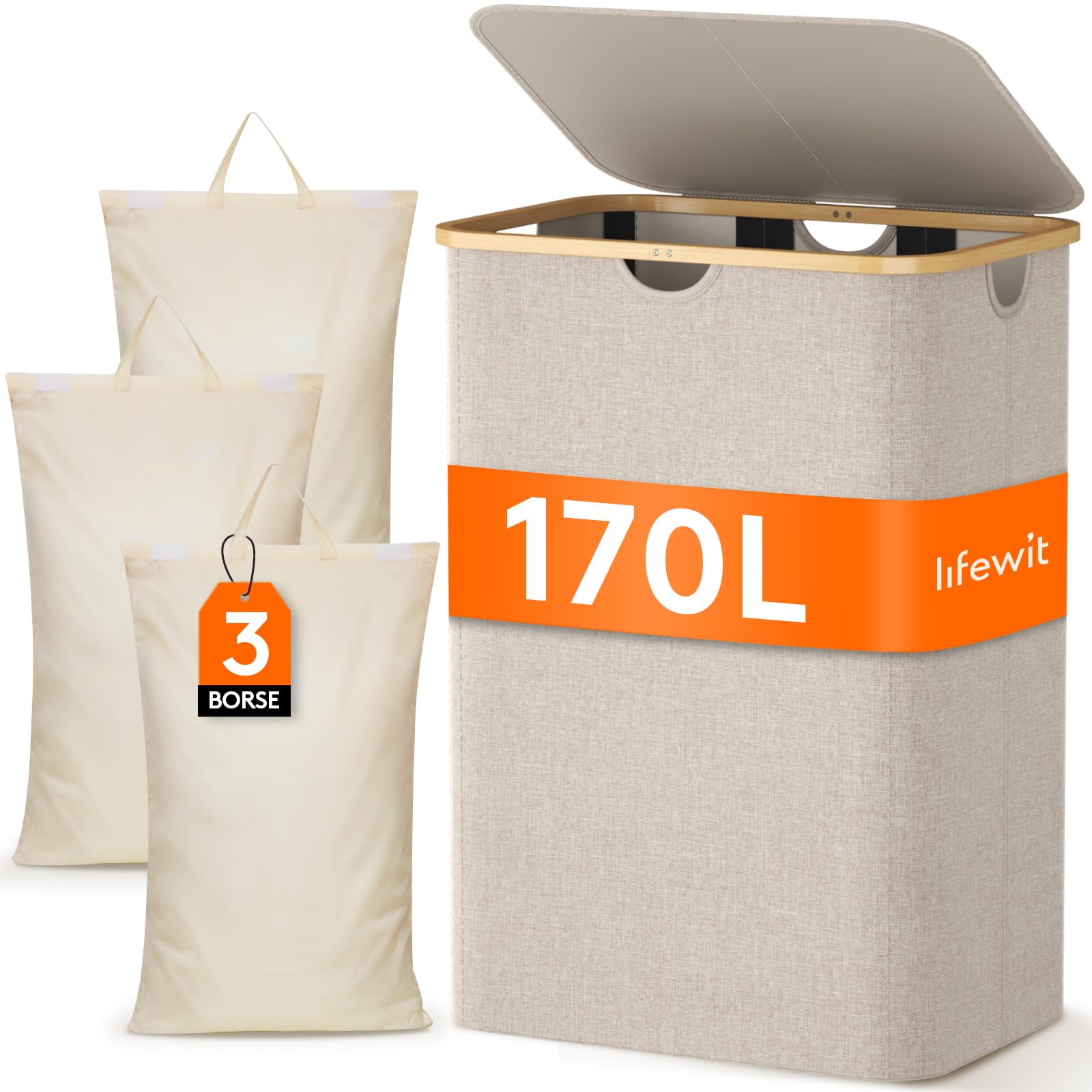 Lifewit 170L Cesto Portabiancheria 3 Scomparti, Beige