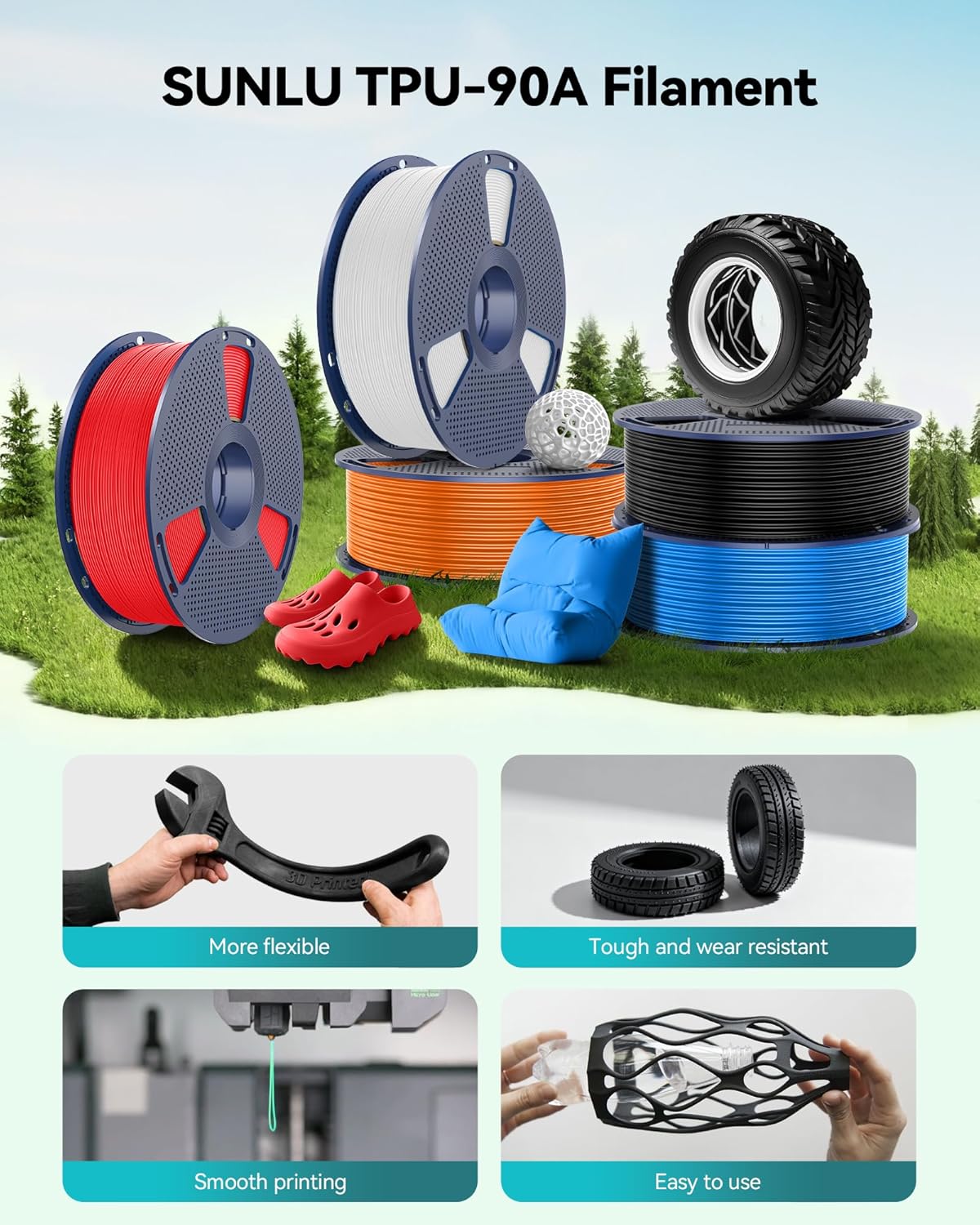 Sunlu 90A TPU Filamento per Stampante 3D 4KG, Nero - immagine 5