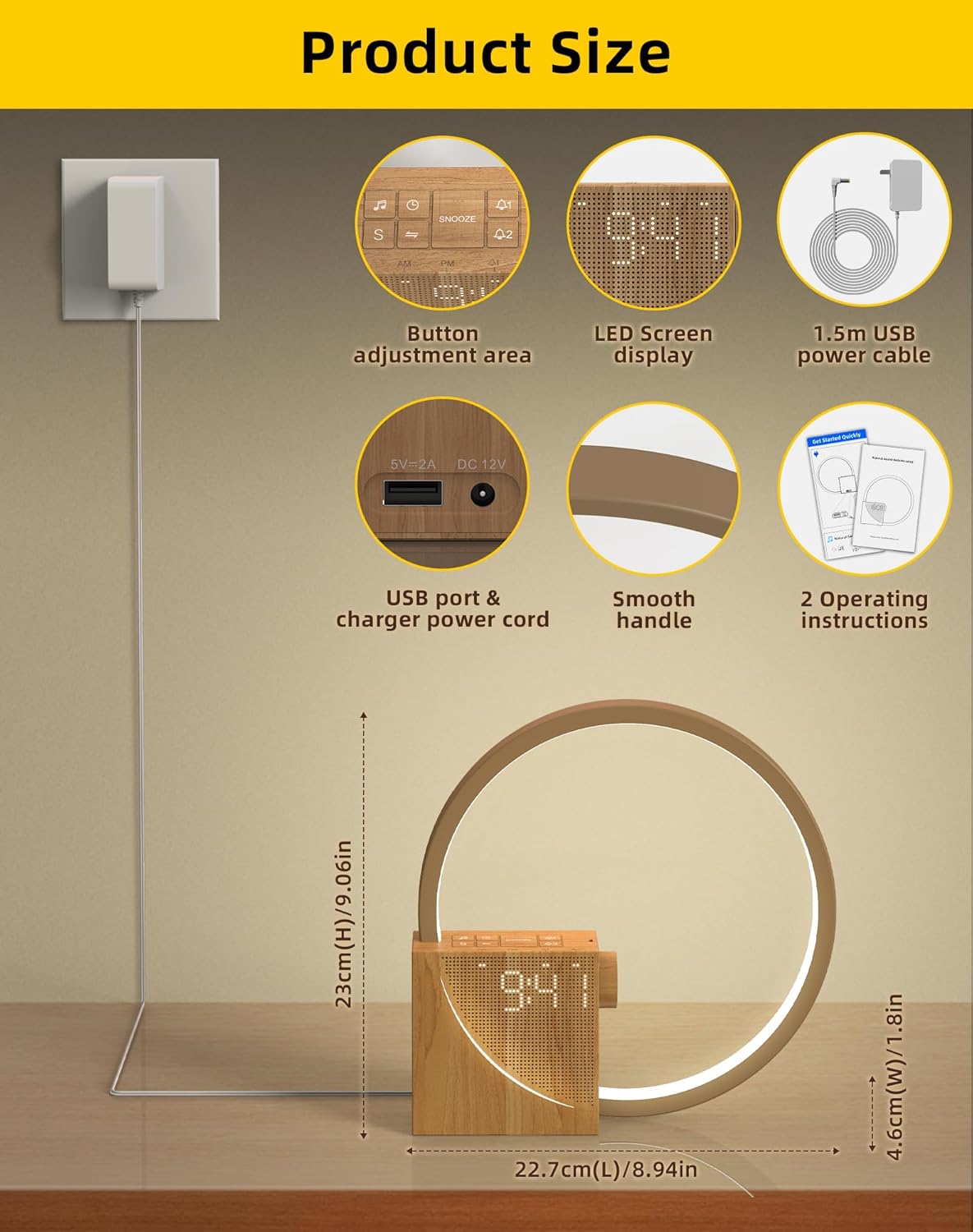 Lampada da Comodino LED con Sveglia e USB, Legno - immagine 2