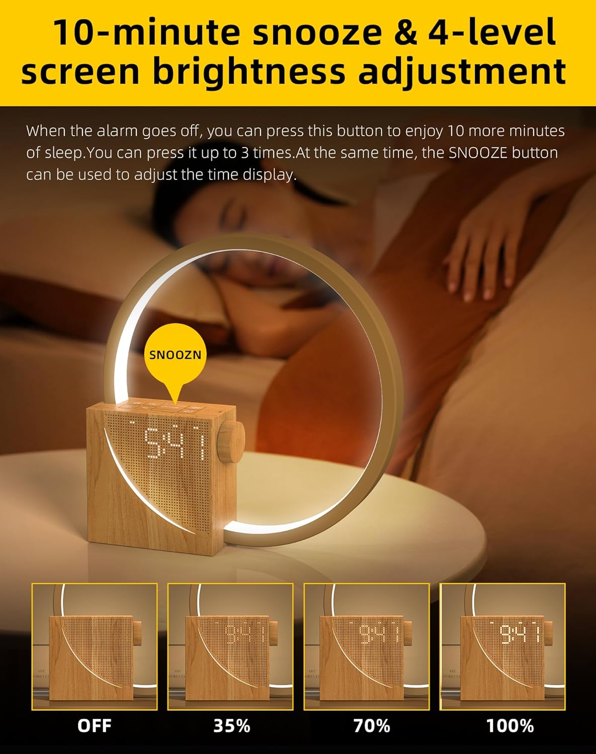 Lampada da Comodino LED con Sveglia e USB, Legno - immagine 3