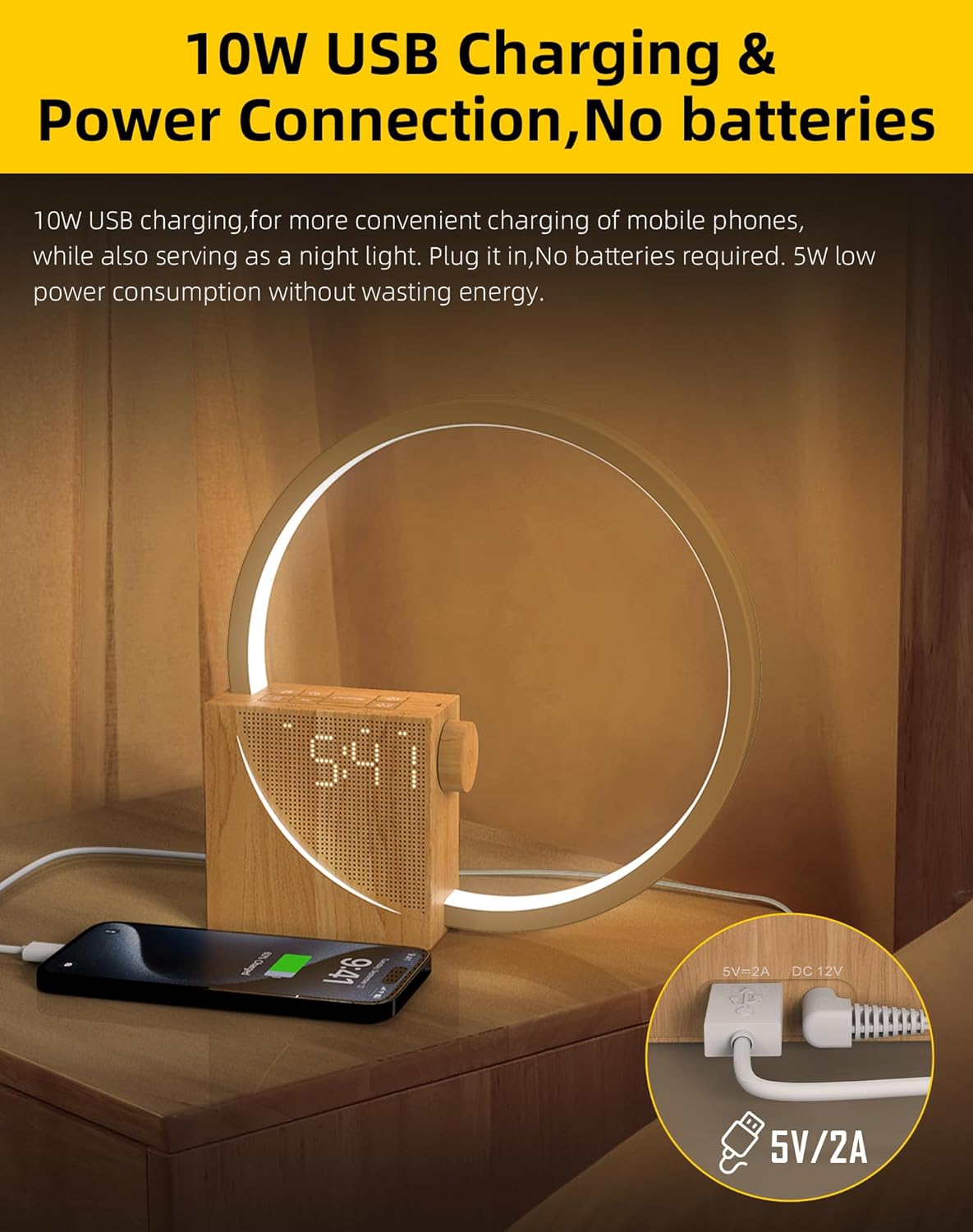 Lampada da Comodino LED con Sveglia e USB, Legno - immagine 4