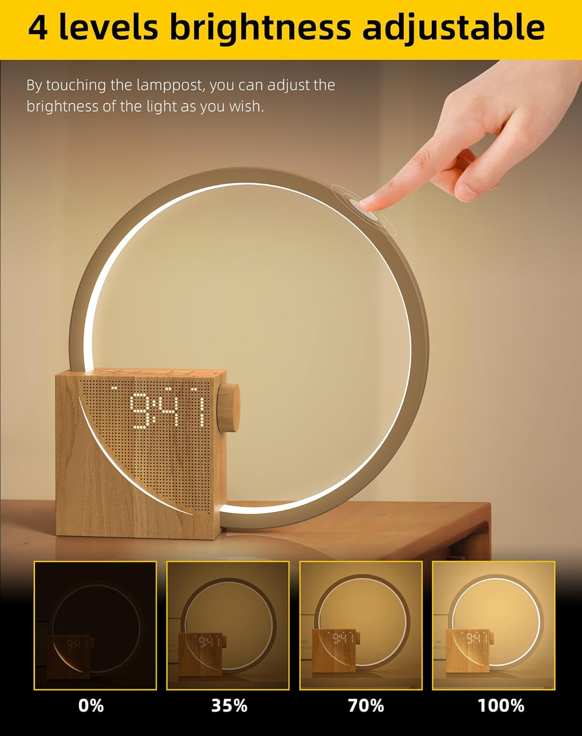 Lampada da Comodino LED con Sveglia e USB, Legno - immagine 6