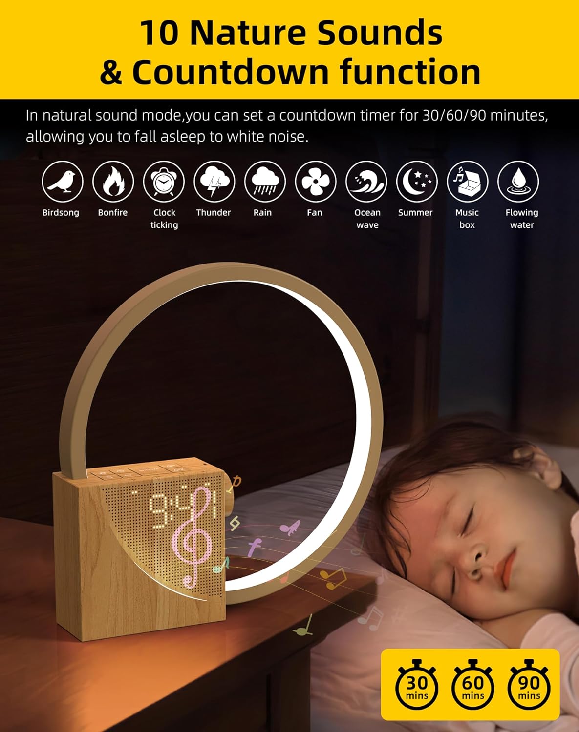 Lampada da Comodino LED con Sveglia e USB, Legno - immagine 7