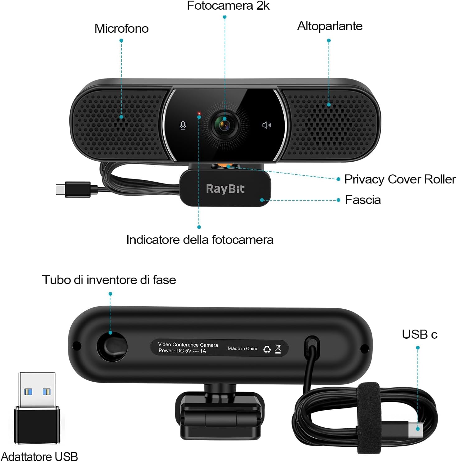 Raybit 3 in 1 Webcam 2K HD USB C con Microfono - immagine 6