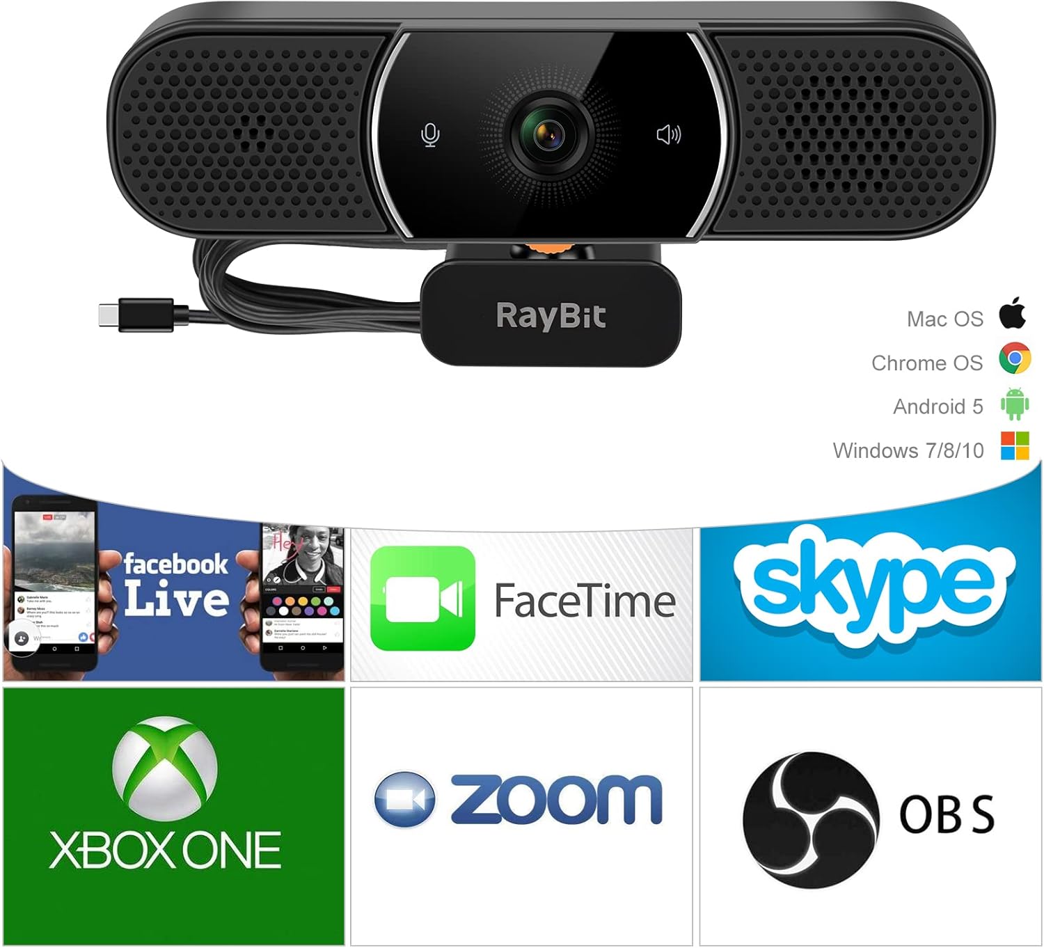 Raybit 3 in 1 Webcam 2K HD USB C con Microfono - immagine 7