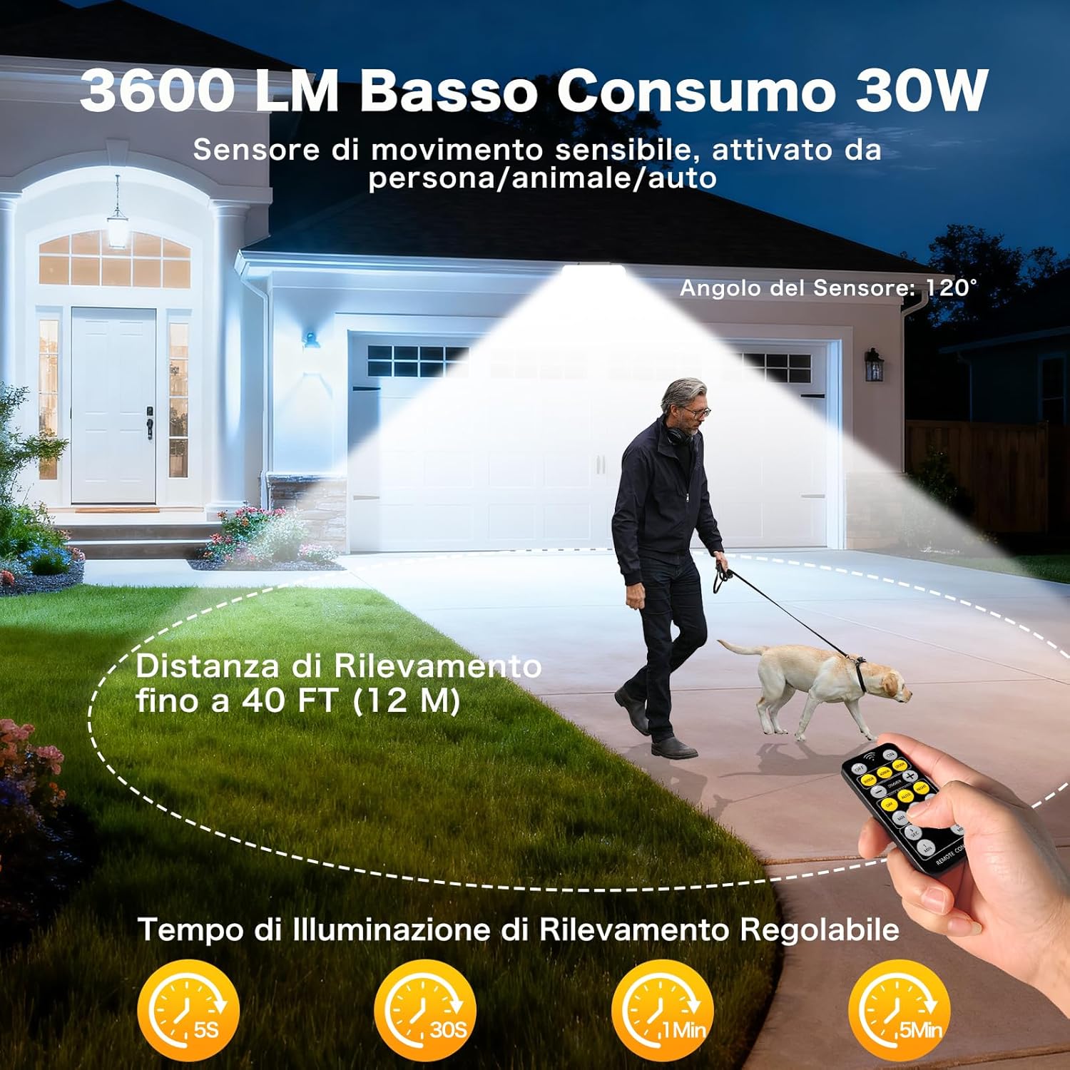 30W Faretto Led da Esterno con Sensore di Movimento, 3600LM Faro LED Esterno con Telecomando, 132 Leds 4 Modalità Luci di Sicurezza, IP65 Lampade da parete per Garage Cortile Giardino - immagine 2