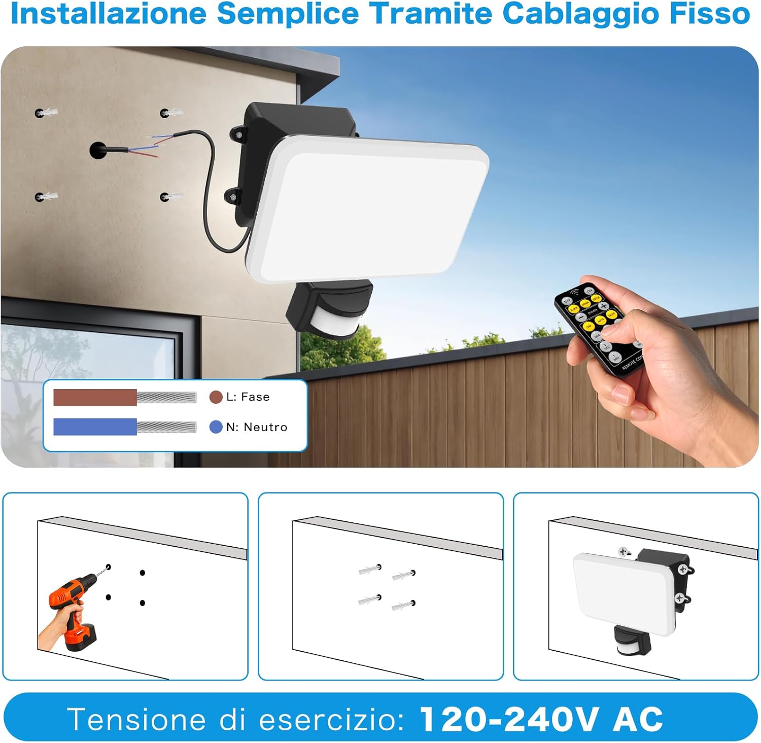 30W Faretto Led da Esterno con Sensore di Movimento, 3600LM Faro LED Esterno con Telecomando, 132 Leds 4 Modalità Luci di Sicurezza, IP65 Lampade da parete per Garage Cortile Giardino - immagine 5