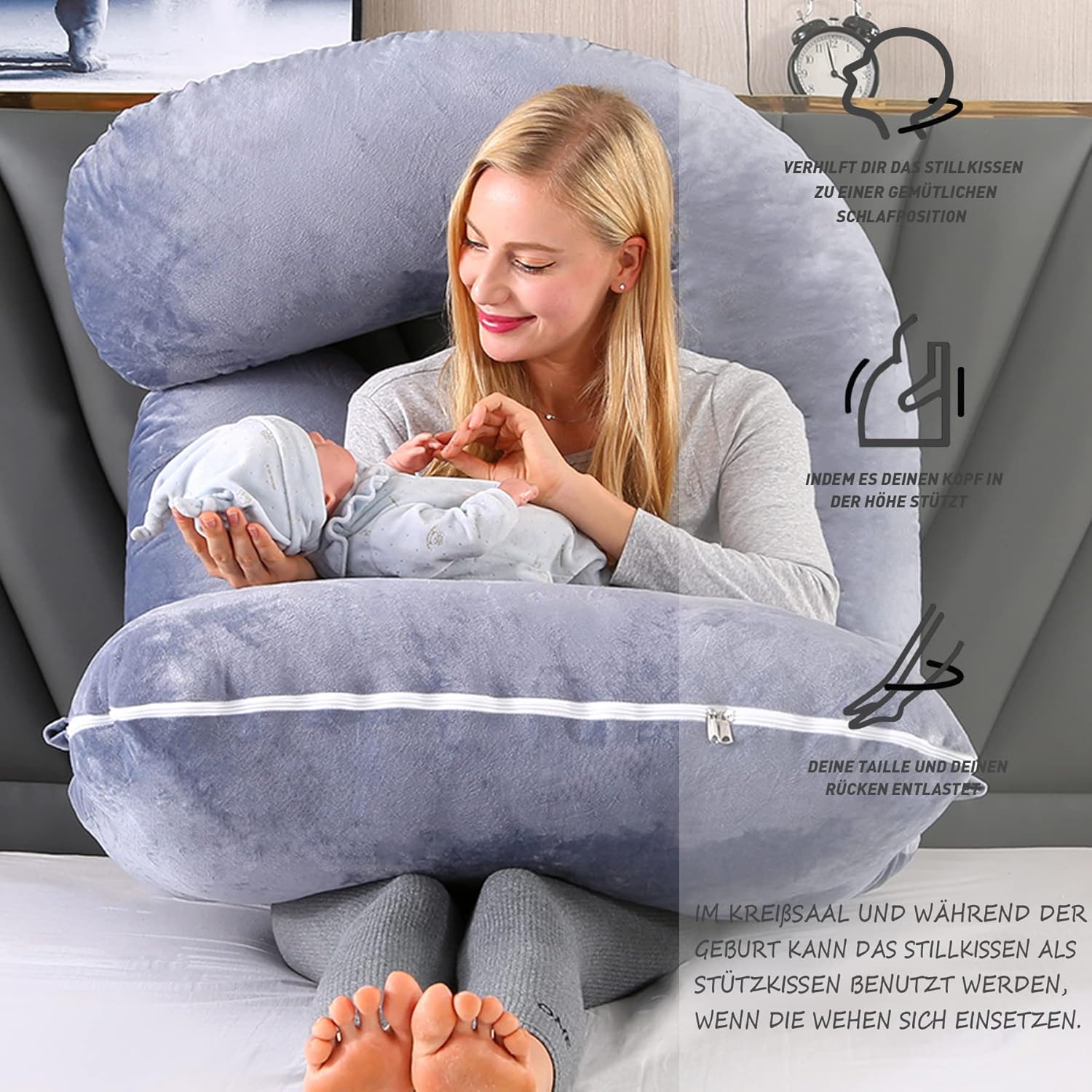 Caliyo Cuscino Gravidanza a J 180x70 cm, Grigio Chiaro - immagine 3