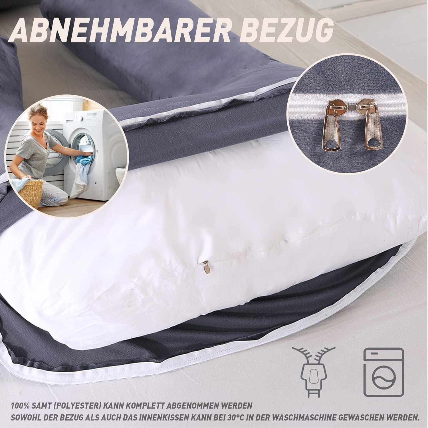 Caliyo Cuscino Gravidanza a J 180x70 cm, Grigio Chiaro - immagine 5