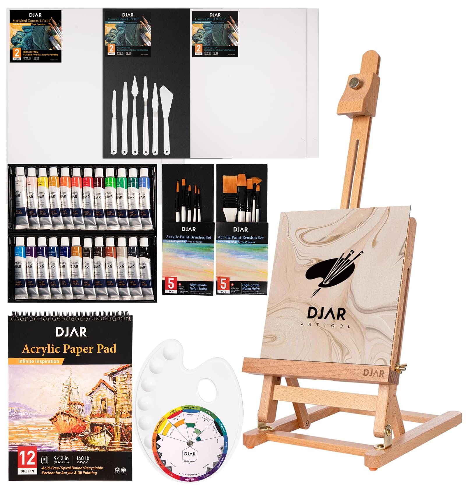 DJAR Set di colori acrilici con mini cavalletto da tavolo