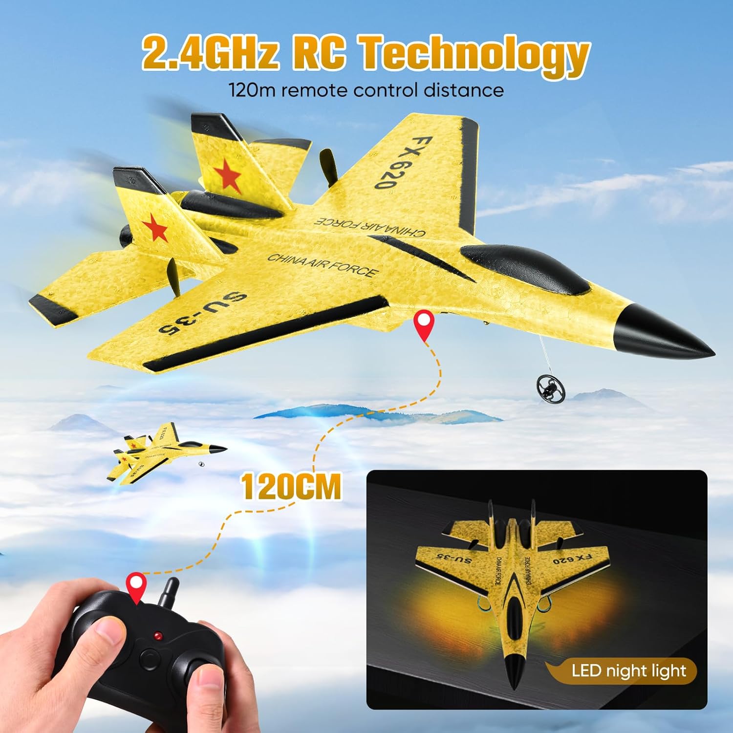 Aereo RC Aliante 2.4 GHz 2CH con Luci, Giallo - immagine 3