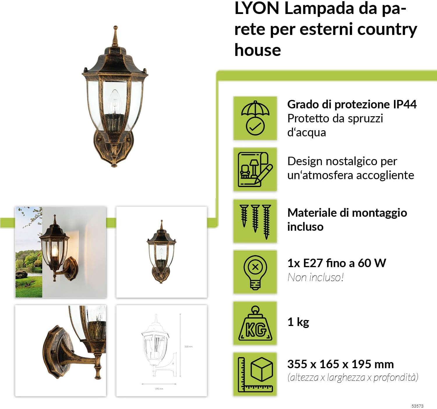 Applique per Esterni Lyon a Lanterna Antico E27 - immagine 2