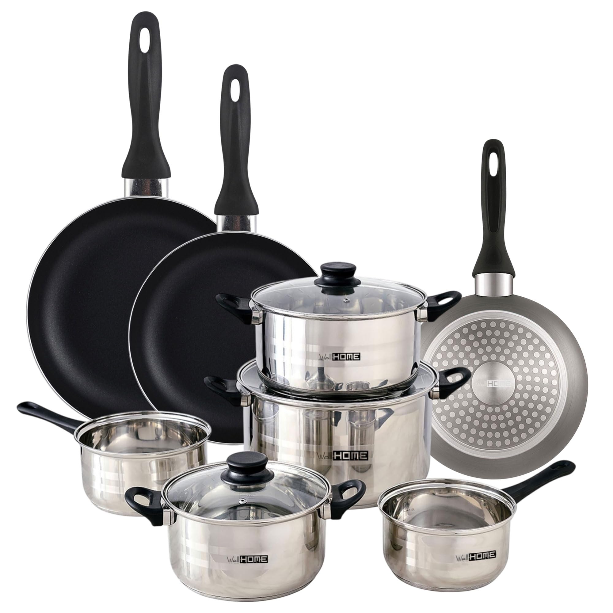 Well Home Set di utensili da cucina da 8 pezzi in acciaio inox + 3 padelle Ø16Ø20Ø24 cm Grigio metallizzato in alluminio pressato