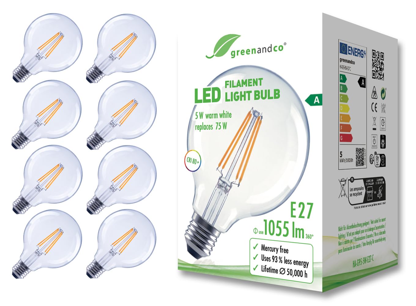 Greenandco - 8 Lampadine LED E27 G95 5W, Bianco Caldo