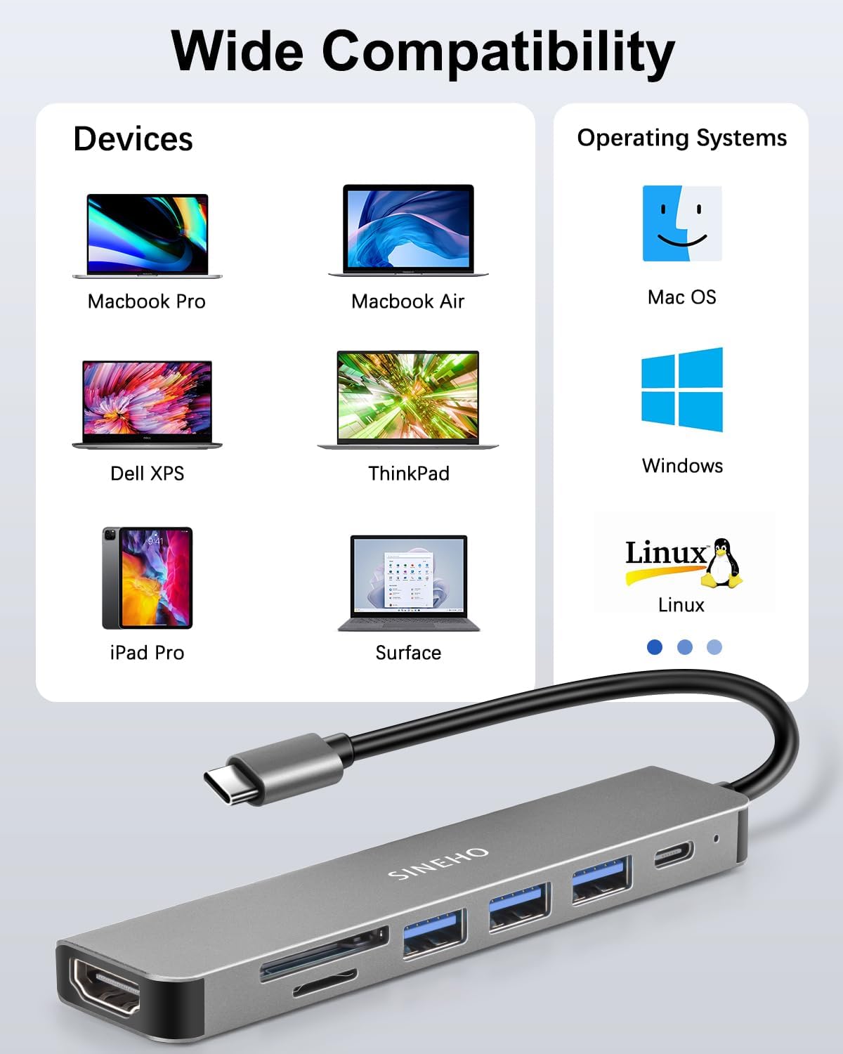 Sineho HUB USB-C 7-IN-1 con HDTV 4K - immagine 6