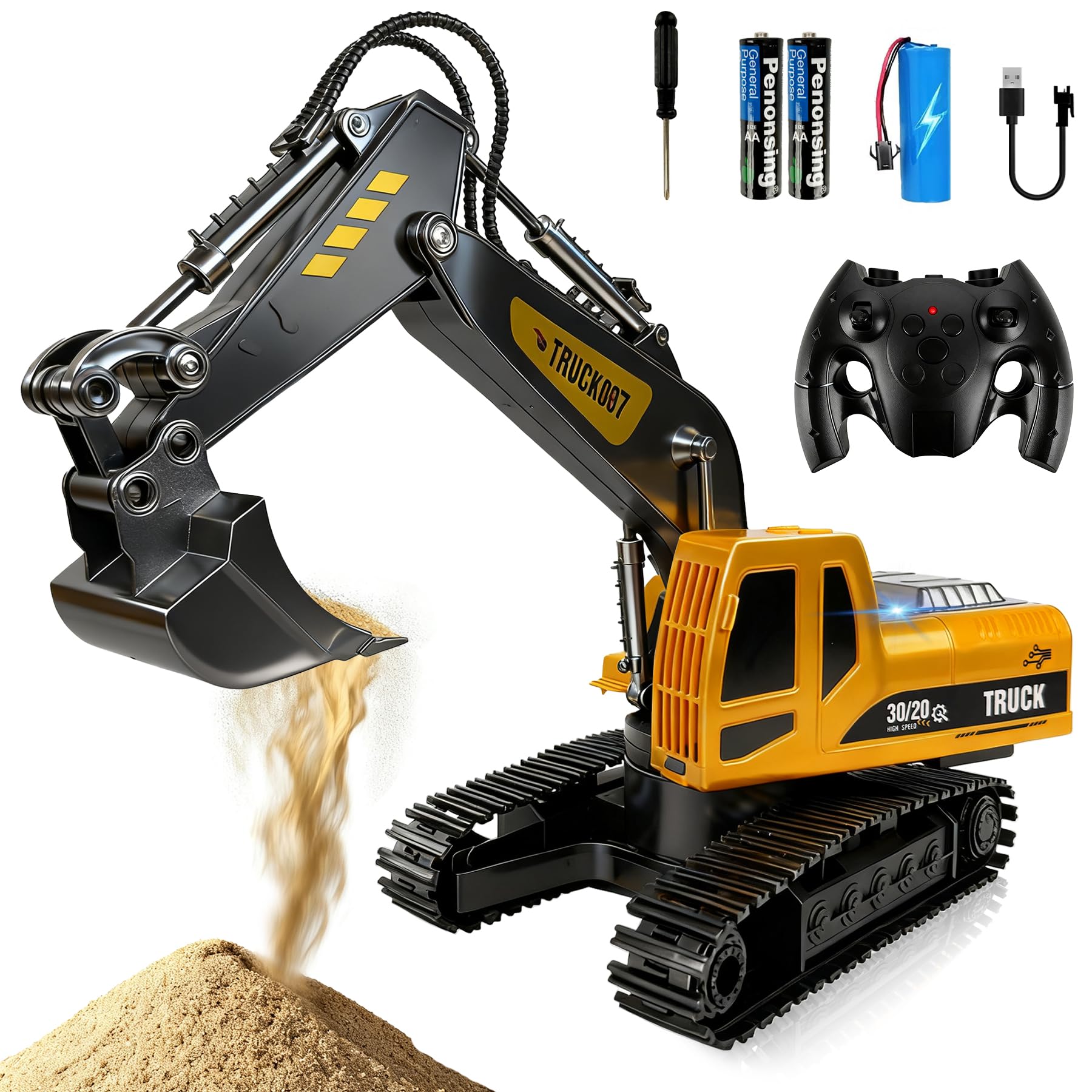 Escavatore Radiocomandato Giocattolo, Escavatori Radiocomandato 2.4GHz con Luce e Suono, Sand Digger Regali per Compleanno o Natale