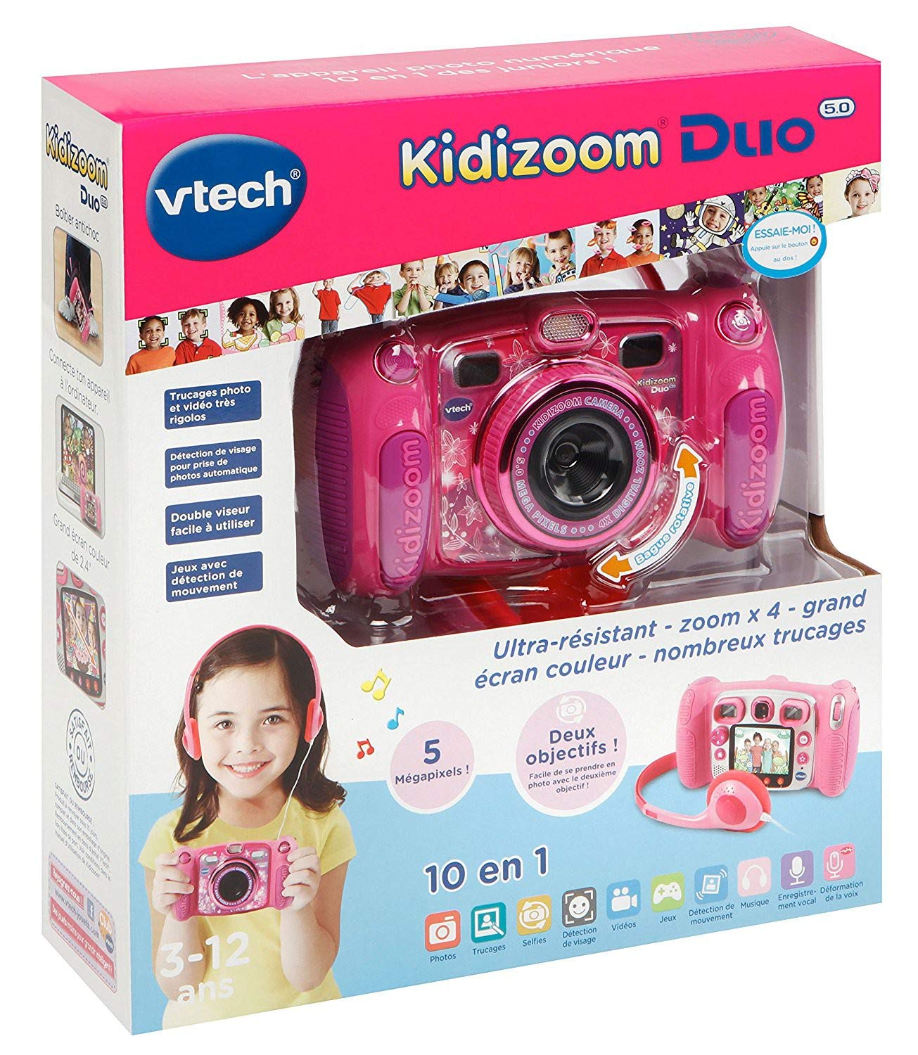 VTech Kidizoom Duo 5.0 - Fotocamera Digitale per Bambini, 5 megapixel, Display a Colori, 2 obiettivi, Color Rosa Versione Francese Rosa