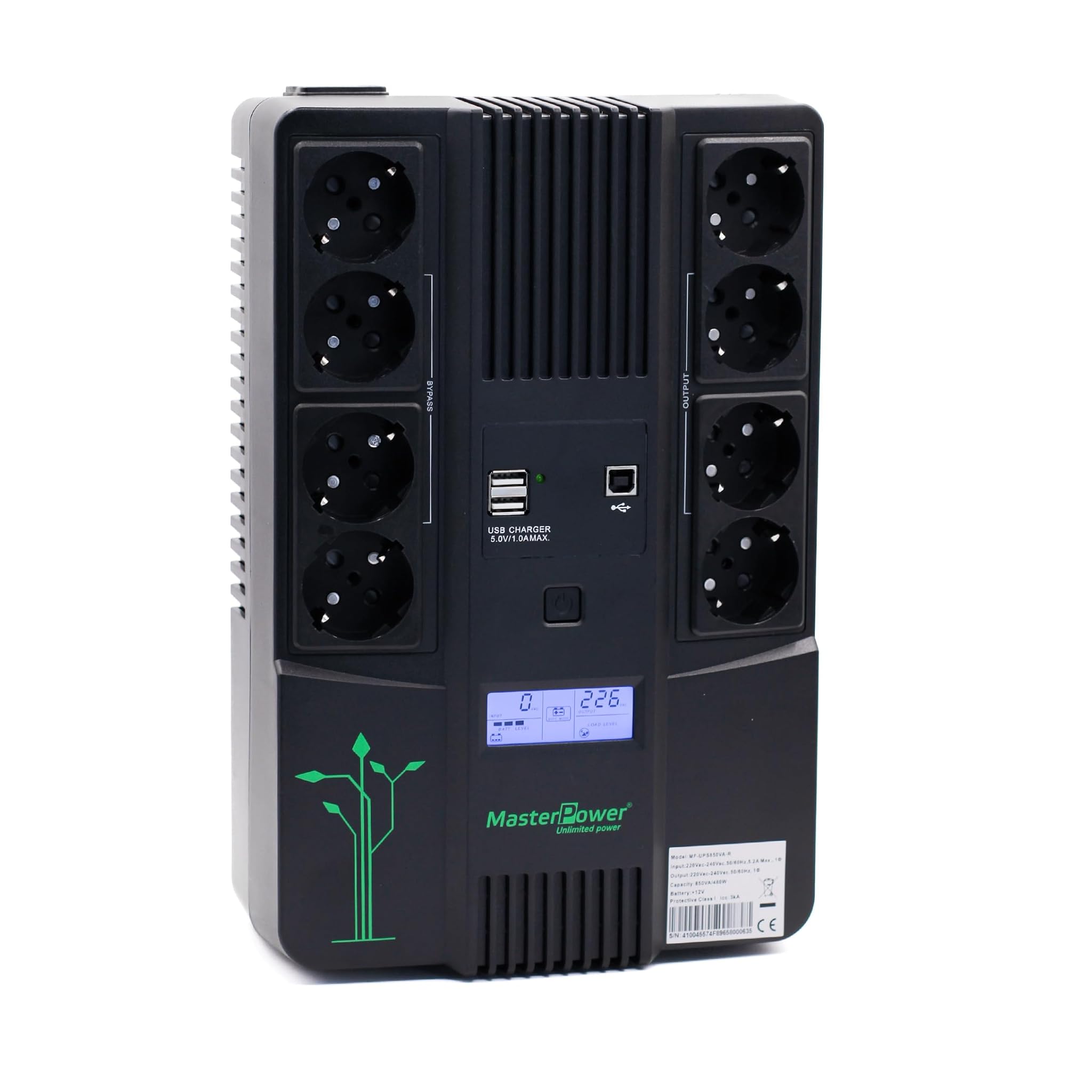 Master U-Power UPS 850VA (480W) Offline – Gruppo di Continuità con Display LCD, 8 Prese Schuko, USB e RJ45 – Protezione Elettrica per PC e Rete