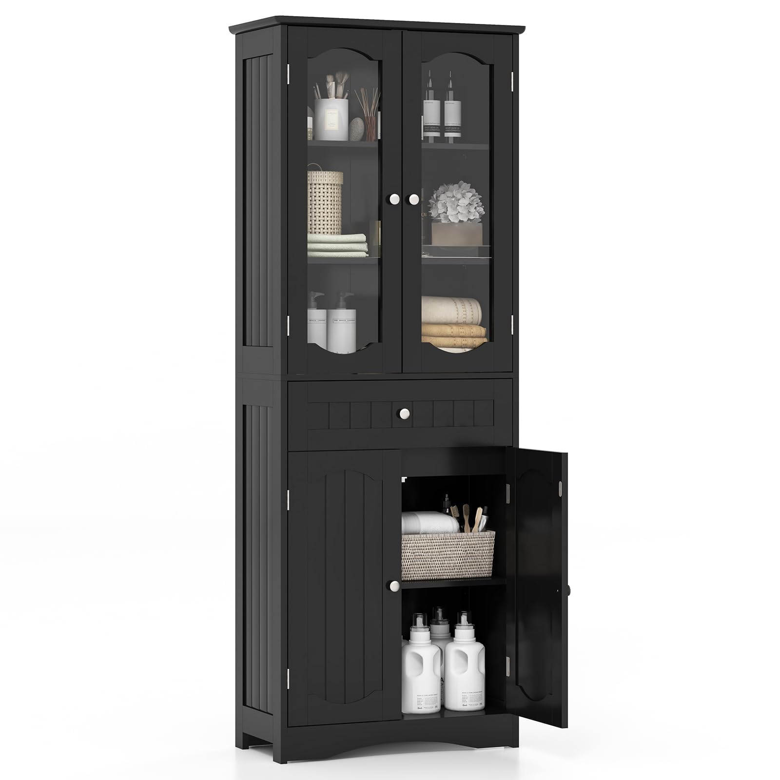 FANTASK Armadietto da bagno per soggiorno, bagno, cucina, armadietto alto autoportante con protezione antiribaltamento e 4 ante e cassetto e ripiano regolabile, 60 x 30 x 160 cm