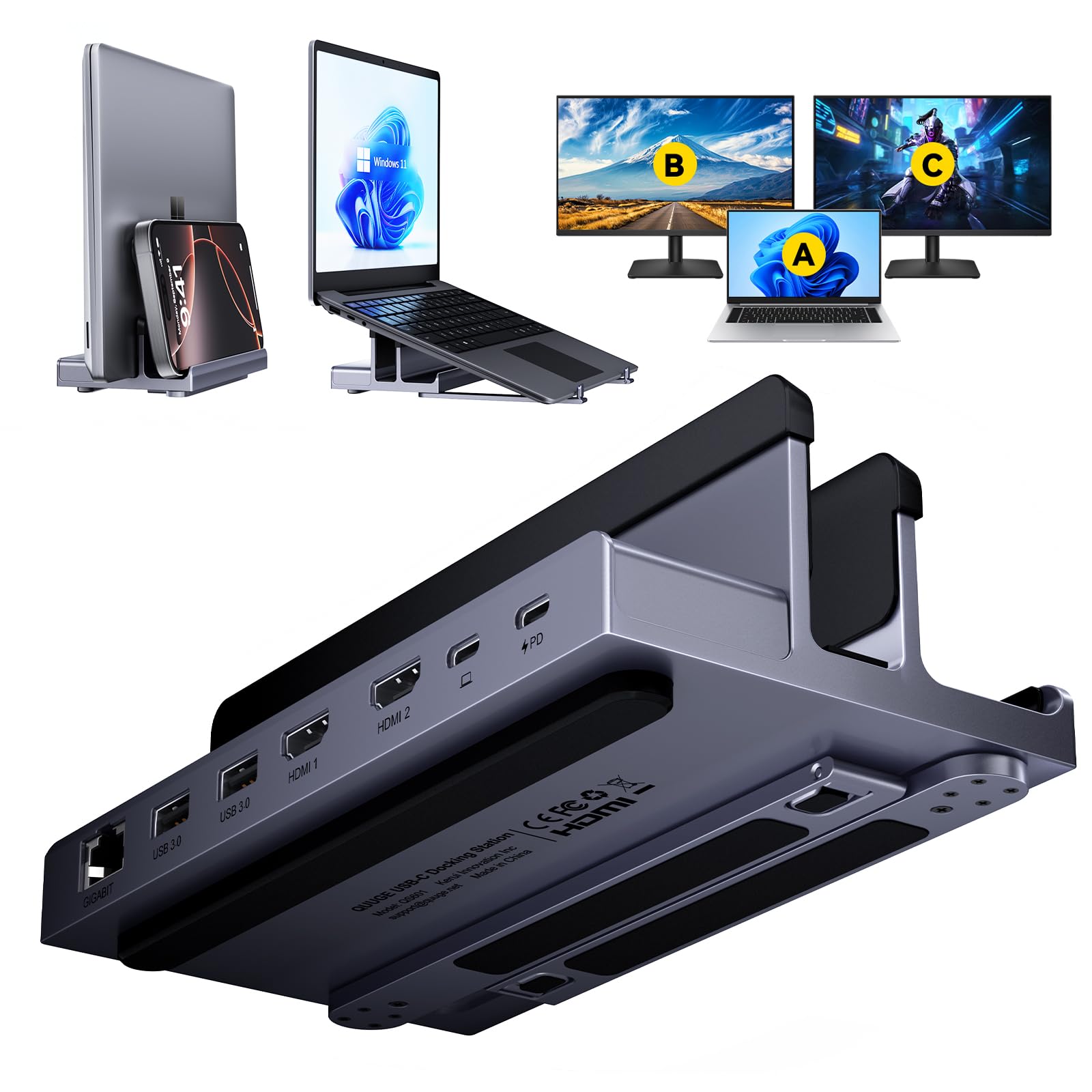 Quuge Docking Station USB C Doppio Monitor Verticale