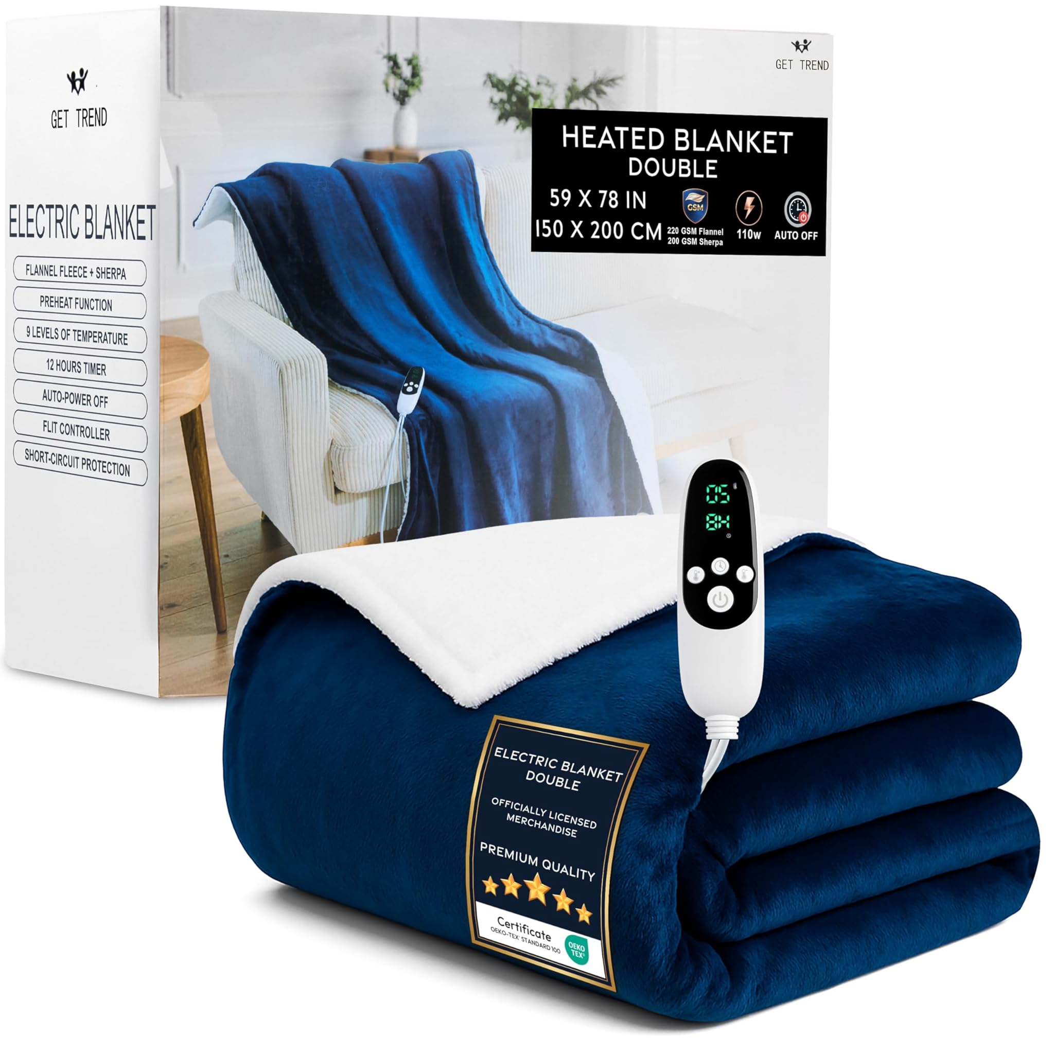 Get Trend Coperta Elettrica Matrimoniale 150x200 cm, Blu Navy