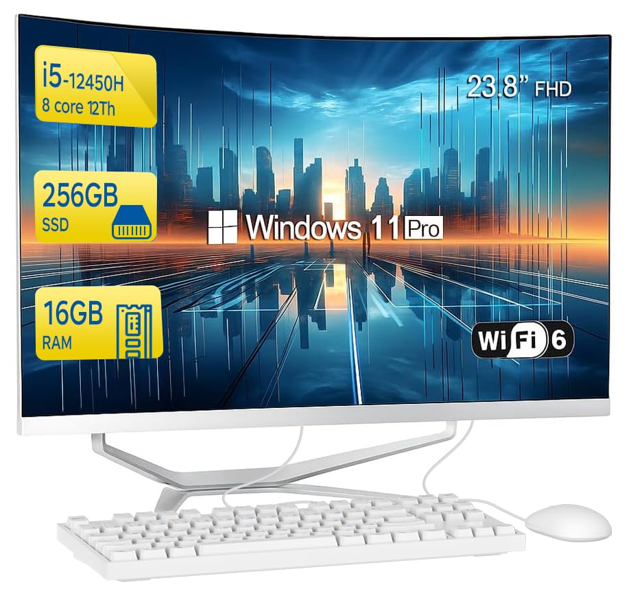 Computer desktop curved FHD All in One PC, i5-12450H, processore 8 core, 16 GB di RAM, 256 GB SSD,WiFi,Bluetooth WiredKeyboard & Mouse – Perfetto per uso domestico e ufficio, Windows 11 Pro AIO PC