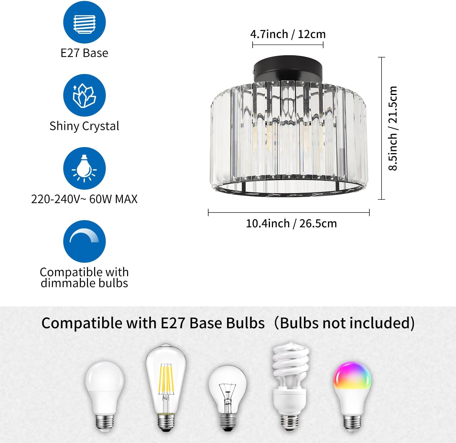 Anwio Lampadario Cristallo Nero 1 Luce E27 - immagine 4