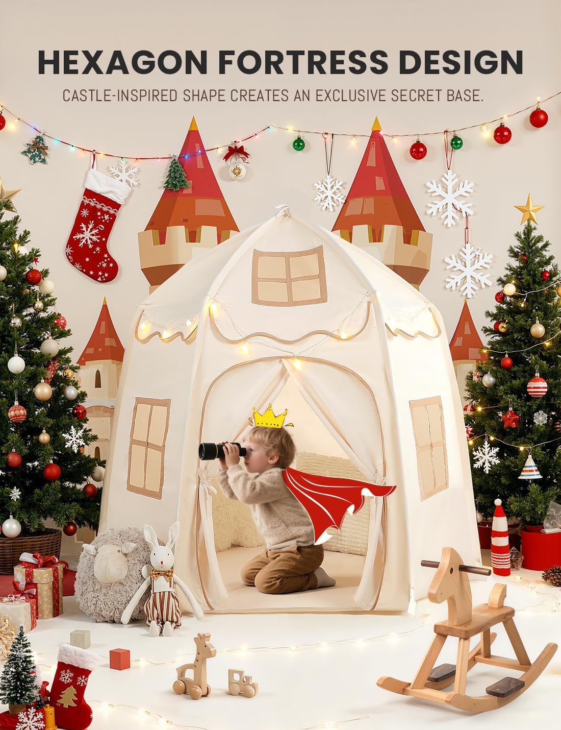 Besrey Tenda Gioco Bambini a Castello con Luci, Beige - immagine 2