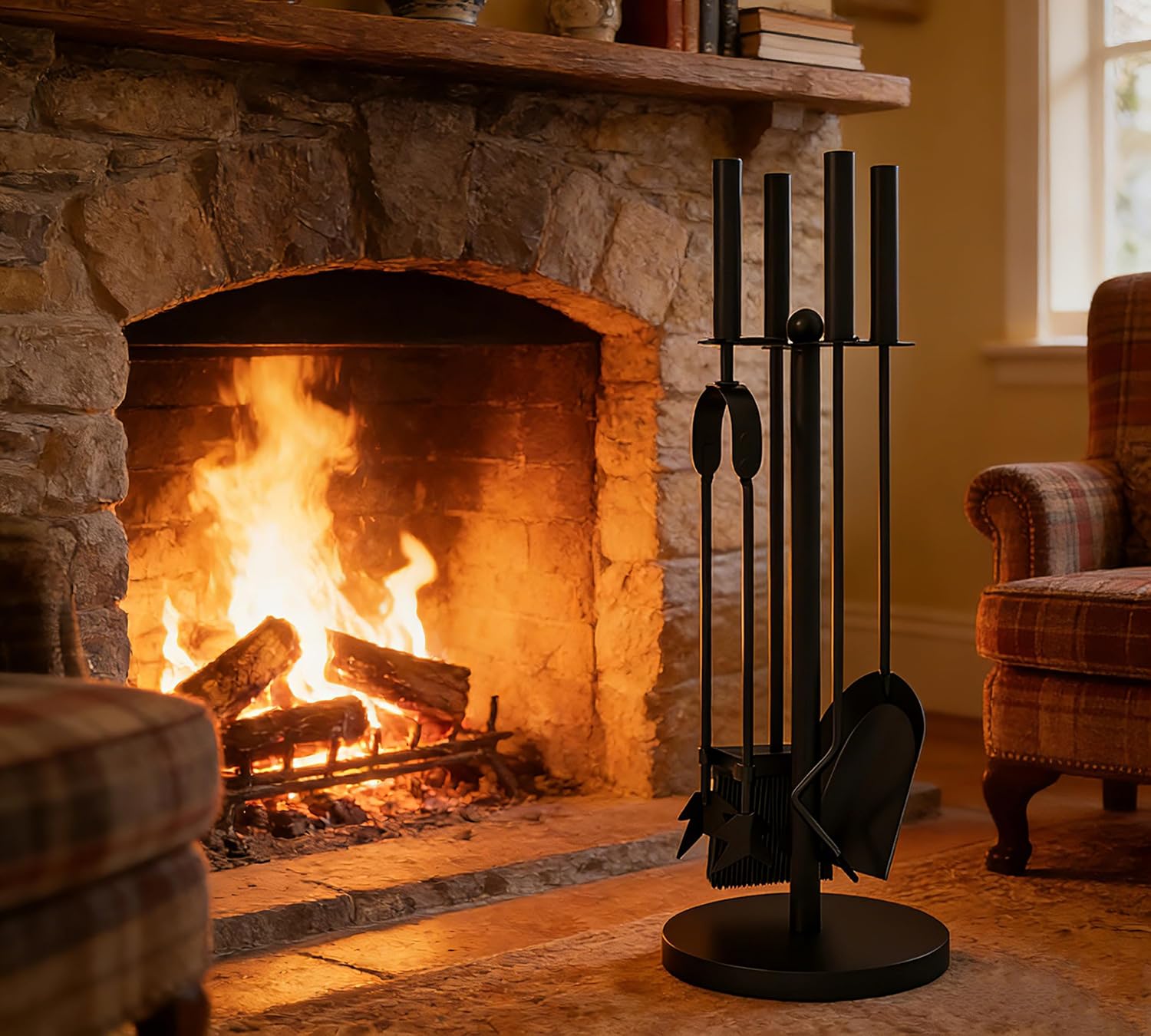 Set 4 Attrezzi per Camino, Acciaio Nero 59,5 cm - immagine 1