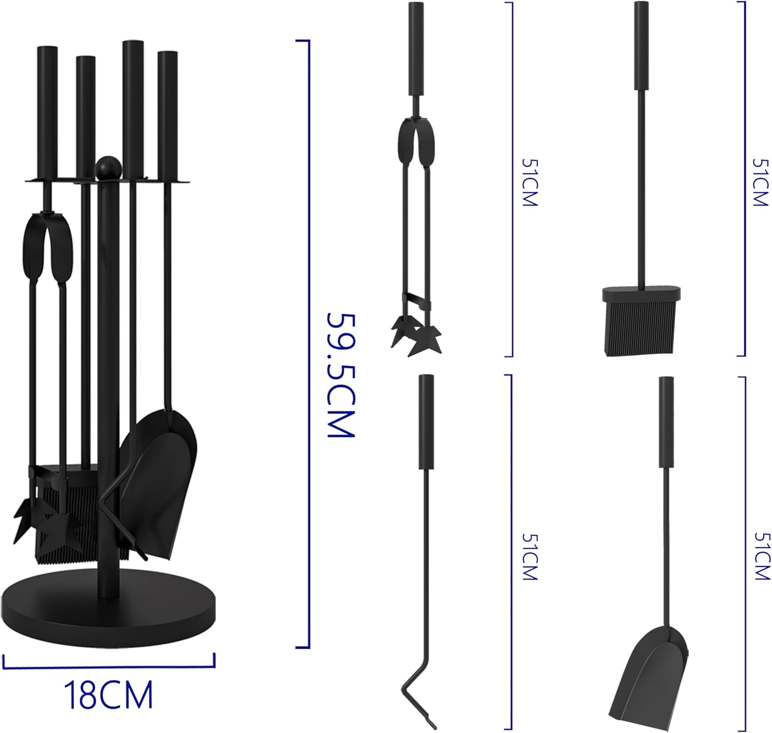 Set 4 Attrezzi per Camino, Acciaio Nero 59,5 cm - immagine 6