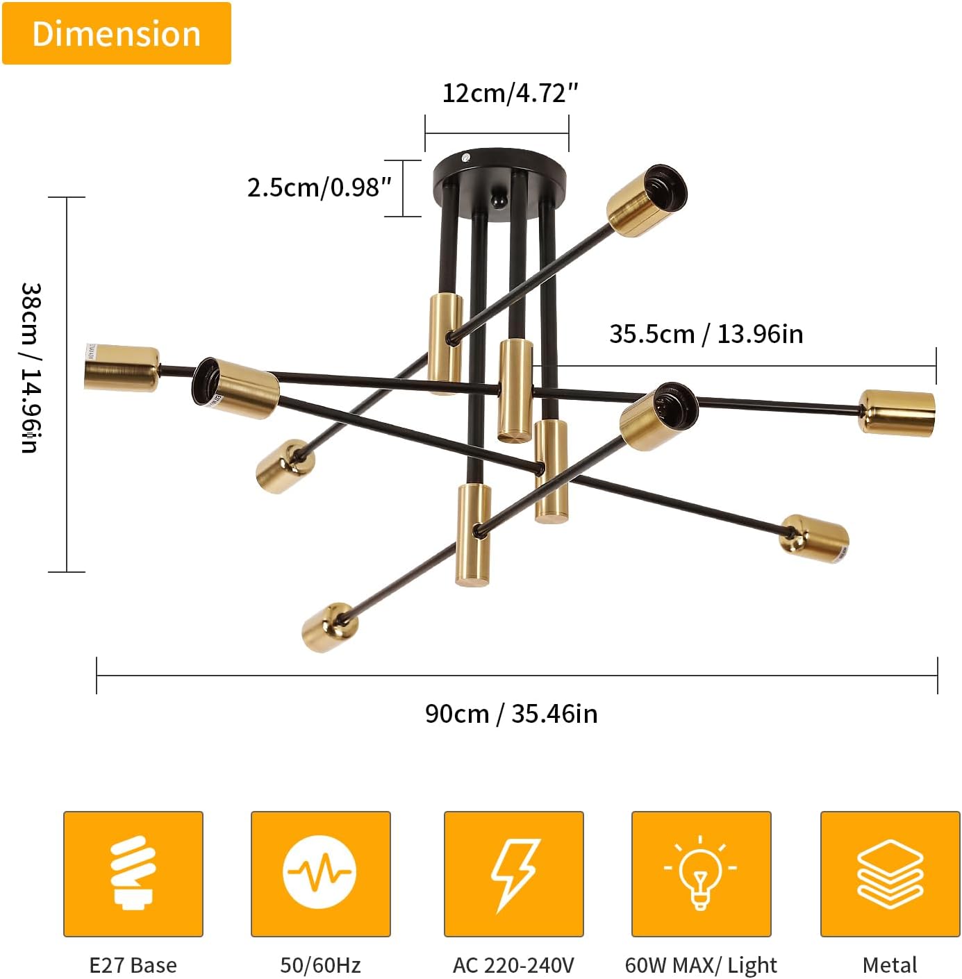 Toolight Lampadario Sputnik 8 Luci E27 Nero e Oro Ø90cm - immagine 3
