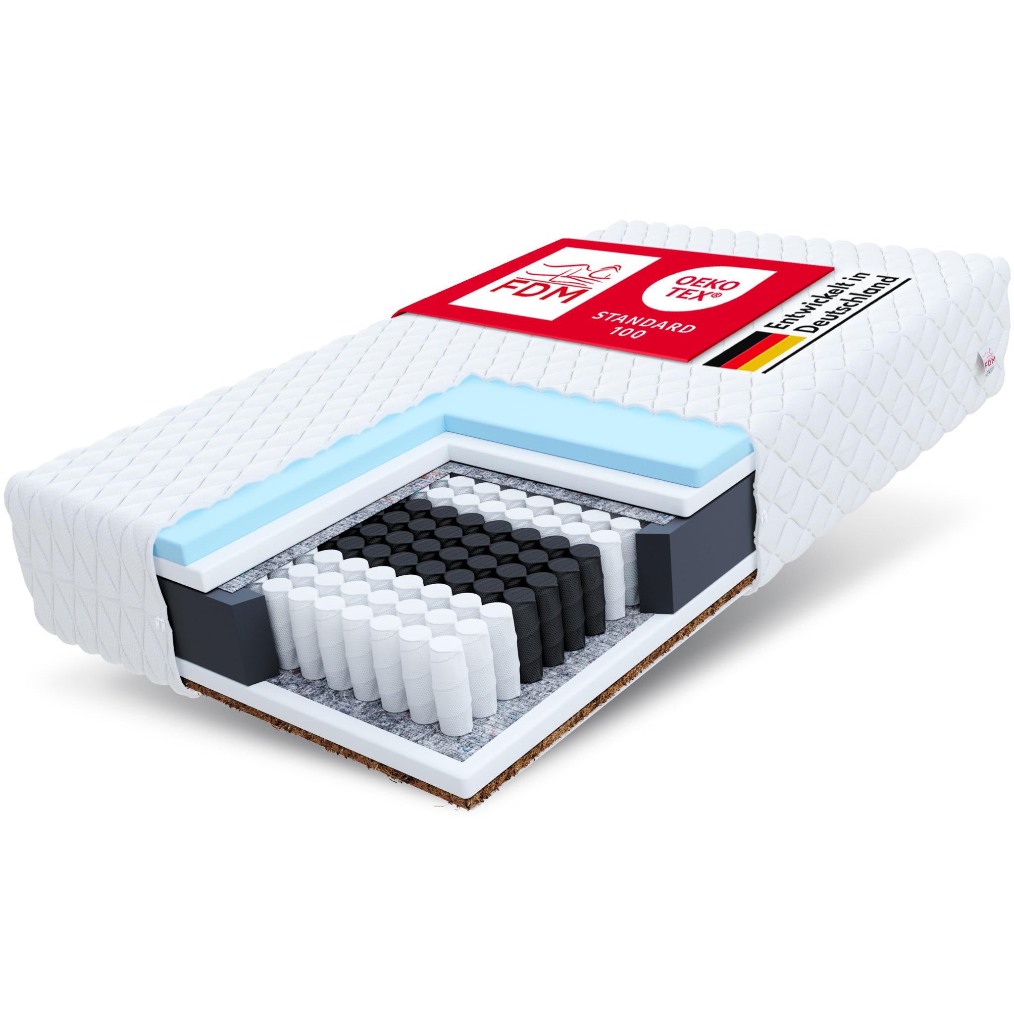 FDM Calmera Max Materasso a molle insacchettate, 140 x 200 cm, 7 zone, altamente elastico, in schiuma di cocco, grado di durezza H3/H4 (medio/duro) 26 cm, altezza su entrambi i lati, rivestimento