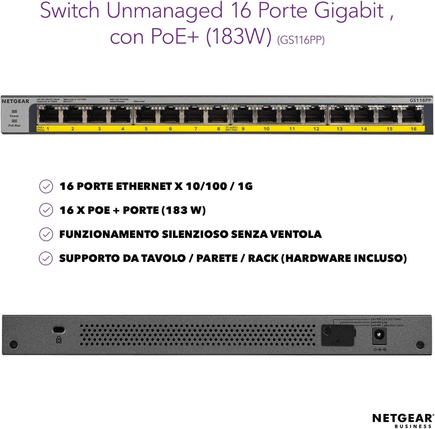 Netgear Switch Ethernet PoE 16 Porte Unmanaged GS116PP - immagine 2