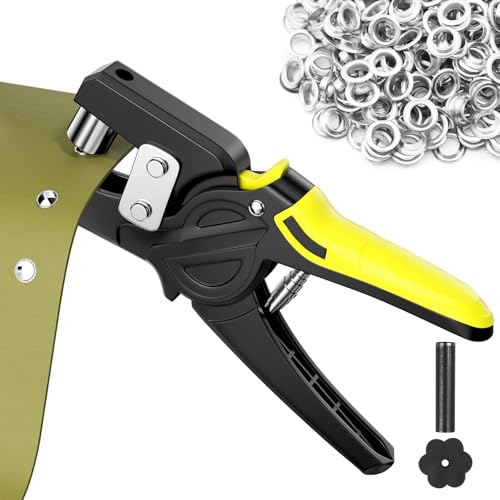 Fousenuk Set di Occhiellatrice (Ø 10mm) con 500 Occhielli, Pinze per Occhielli Professionali Metallici, Pinza Fustellatrice Manuale Adatto per Pelle Telone Cartone PVC Tessuto e Tende da Sole
