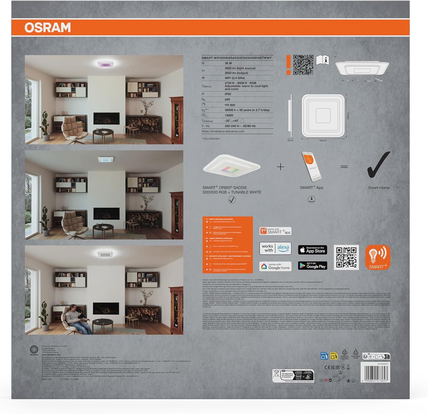 Osram SMART+ WiFi Orbis Saddie Plafoniera LED 500x500mm - immagine 9