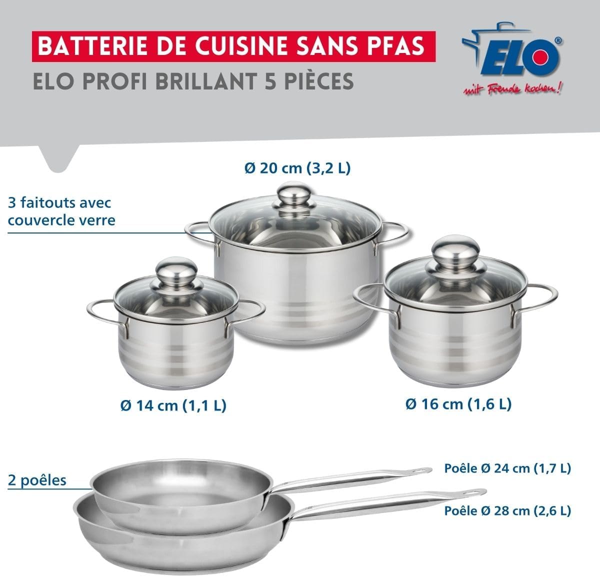 ELO Profi - Set 2 Padelle 24/28cm e 3 Pentole 14/16/20cm - immagine 2