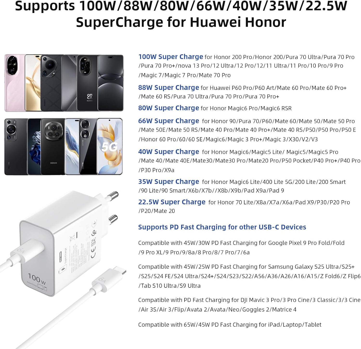 Caricabatterie 100W Supercharge USB-C PD per Honor - immagine 6
