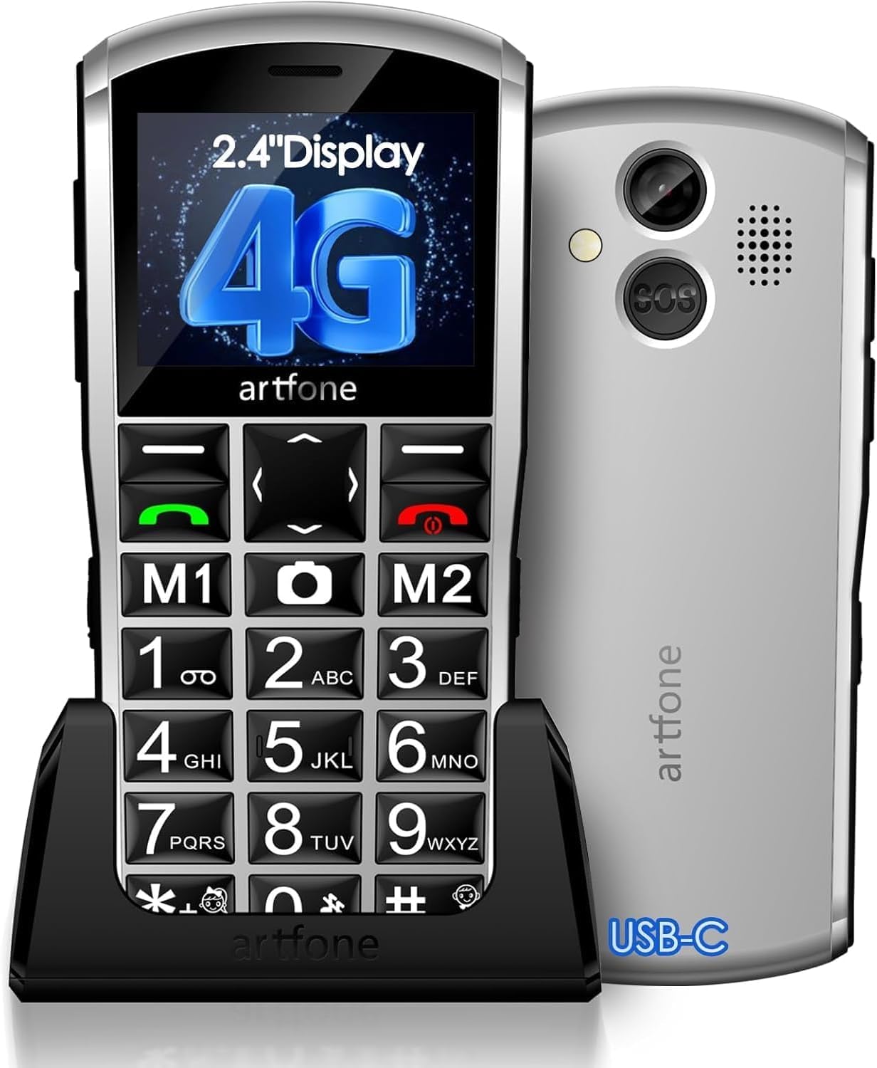 Artfone A400 Pro 4G - Telefono Cellulare Anziani, Argento