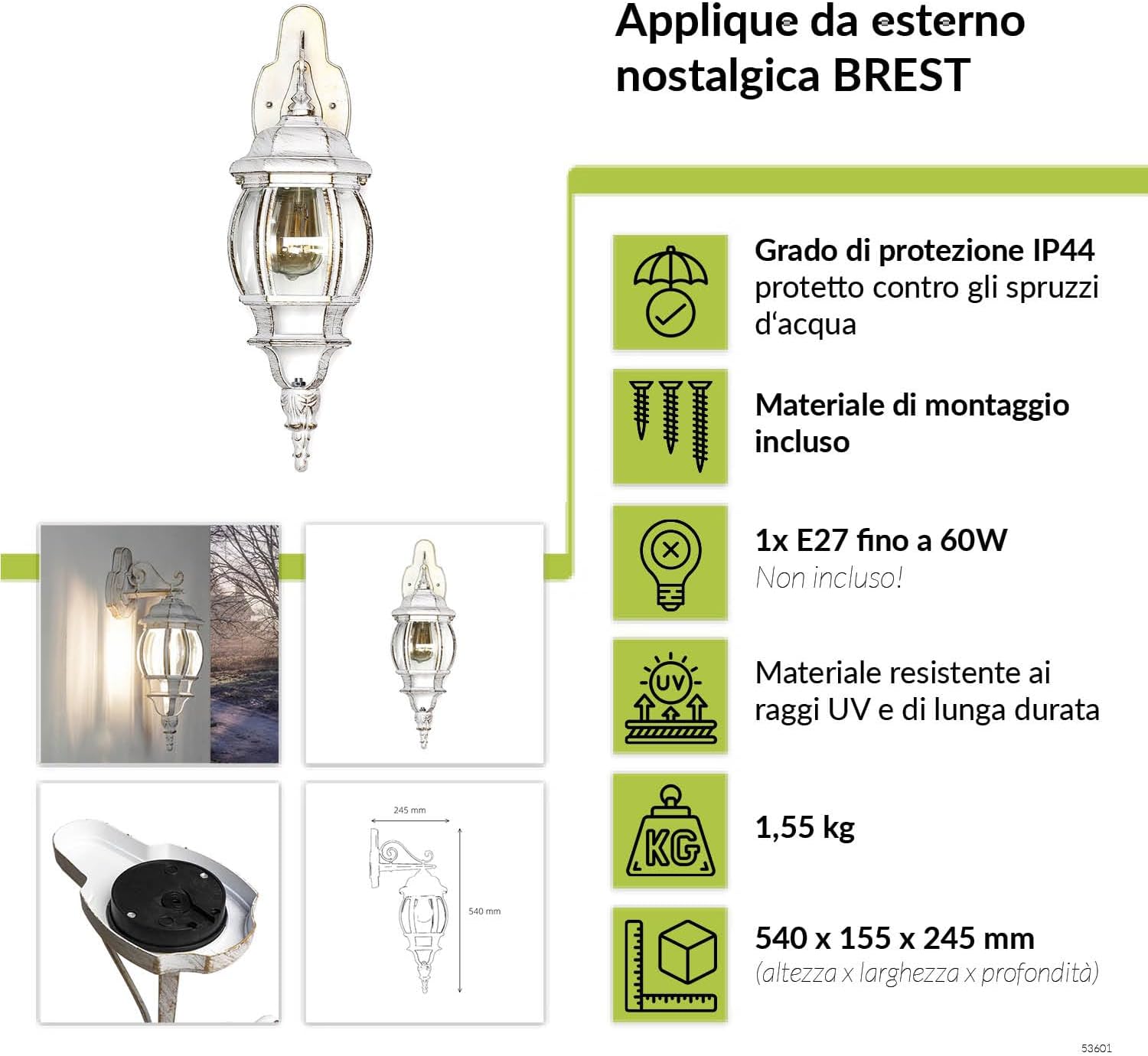 Lampada da parete esterna Brest a lanterna, bianco oro - immagine 2