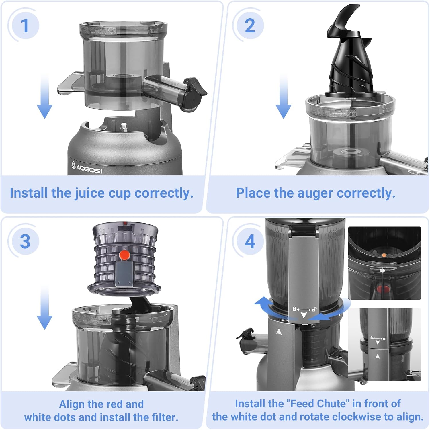 AOBOSI Estrattore di Succo 250W con 2 Filtri, Grigio - immagine 7