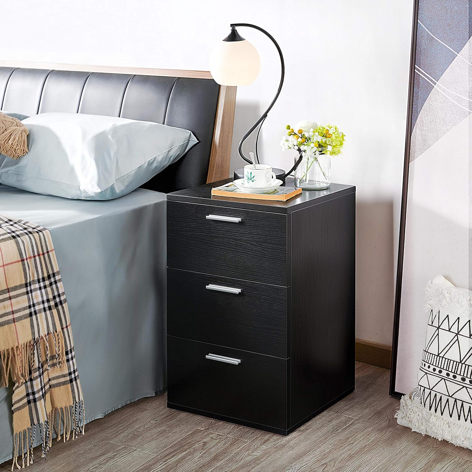 Yaheetech Comodino Moderno con 3 Cassetti, Nero - immagine 2