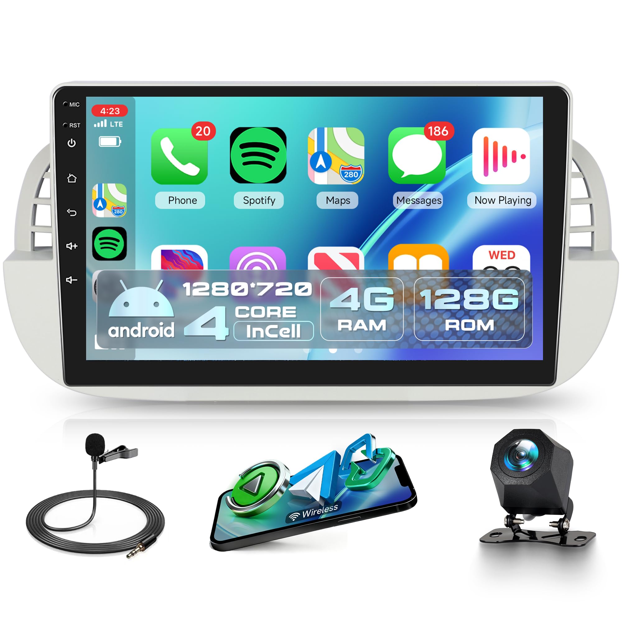 4G+128G Android Autoradio per Fiat 500 2007-2015 Wireless Carplay Android Auto 9 Pollici Incell Touchscreen Autoradio con GPS Navi WiFi Mirror Link Bluetooth FM/RDS/EQ/USB/SWC Telecamera Posteriore